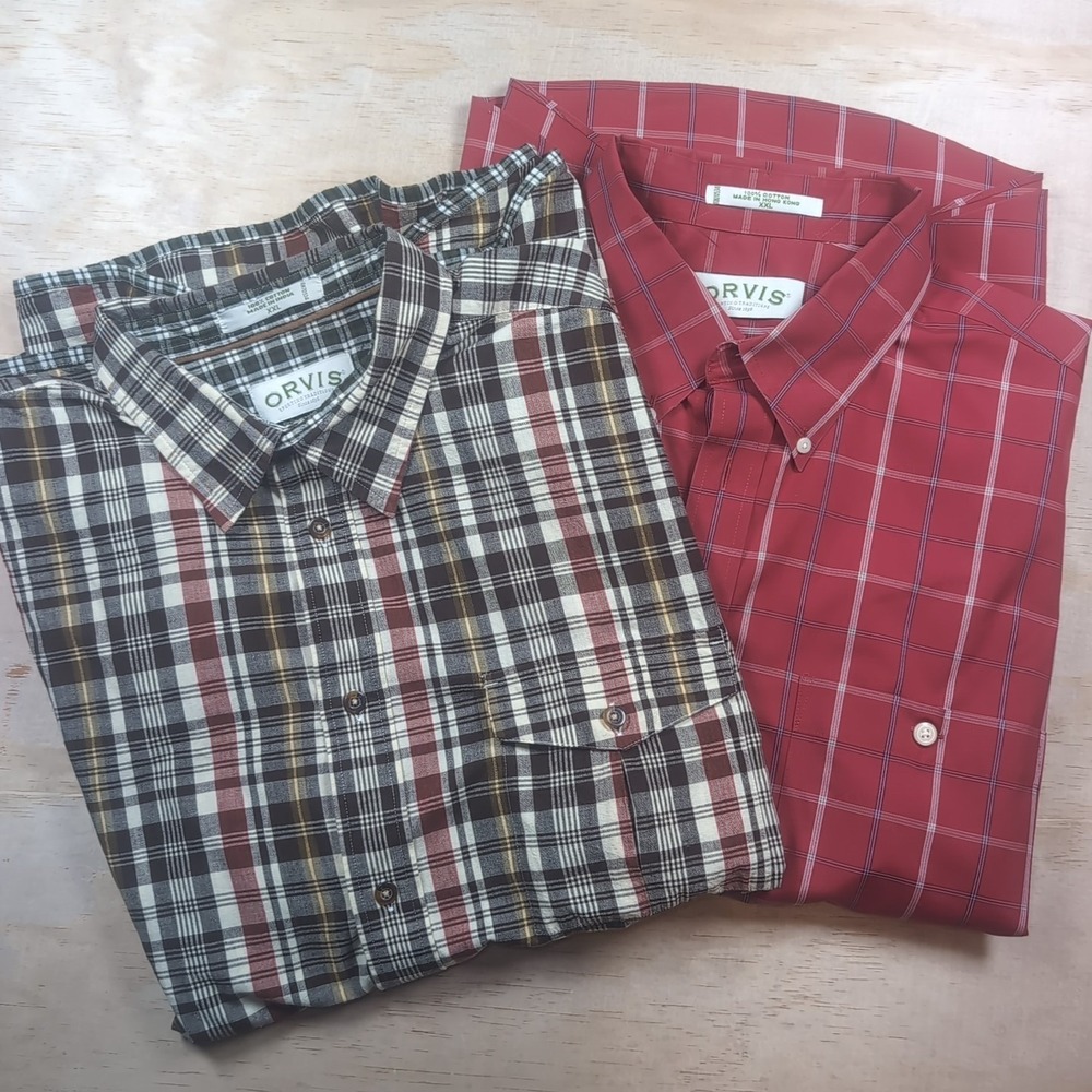 2x Orvis Shirt Mens XXL Short Sleeve Plaid Cotton Button Front Casual